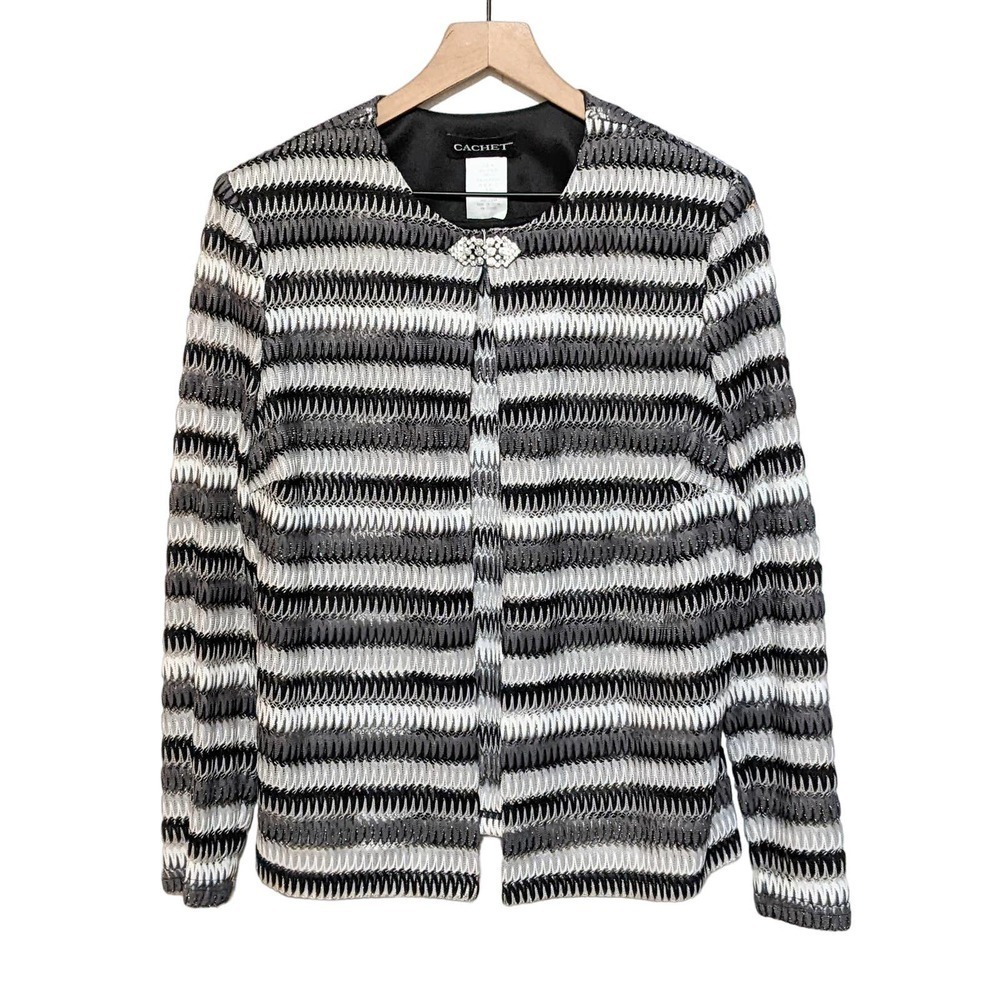 Vintage Y2K Cachet Womens Metallic Striped Cardigan Jacket Size XL Black Gray